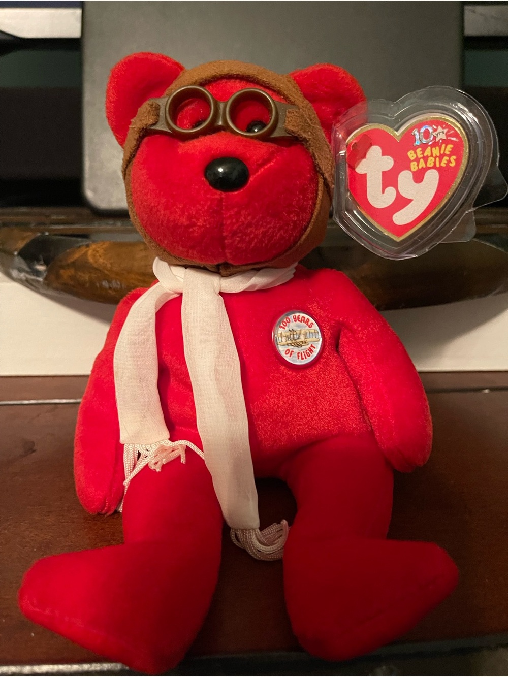 Ty Red Flight Bear Beanie Baby with Scarf and Goggles